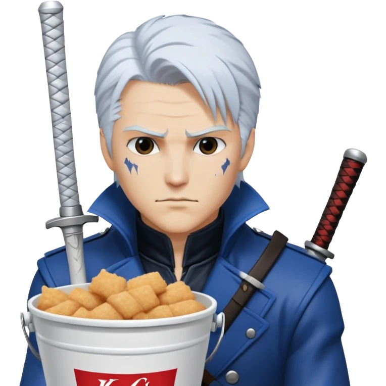 Vergil from Devil May Cry sitting in a KFC bucket, blue coat, white hair, katana emoji