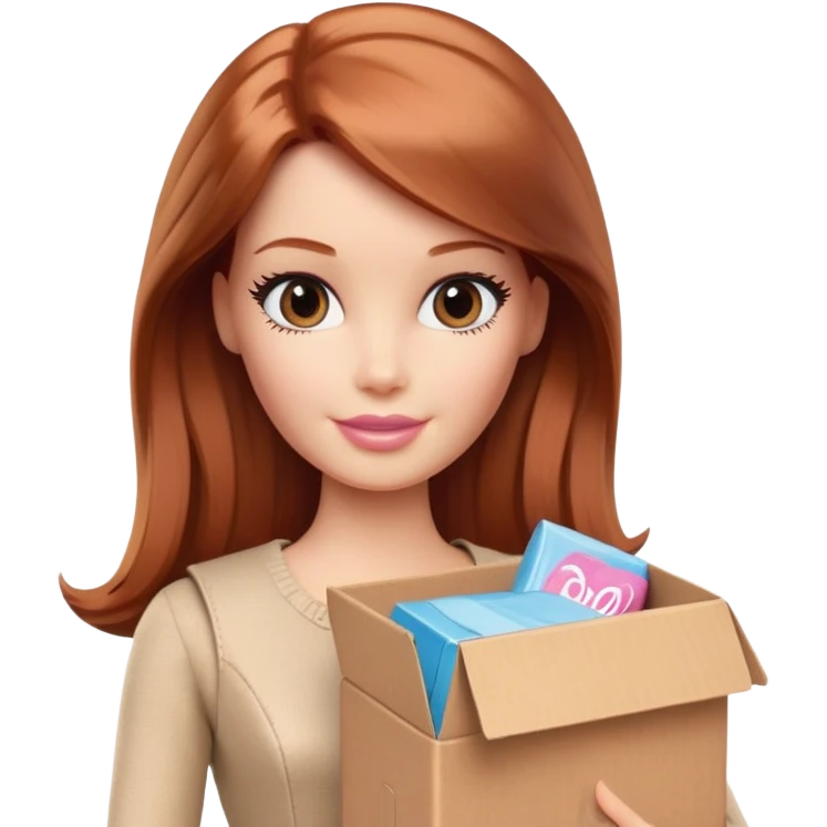 Barbie, shoulder-length reddish-brown hair, holds a package box, Barbie is wearing beige and brown colored clothes emoji