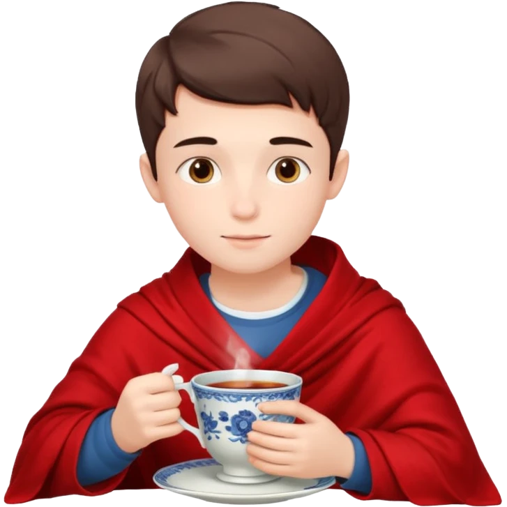 a European boy is sitting in a red blanket, drinking tea emoji