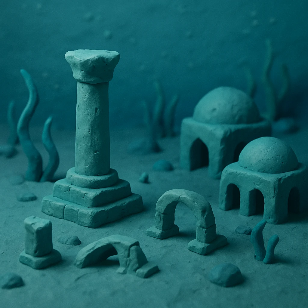 plasticine ruins and domes, underwater scene emoji