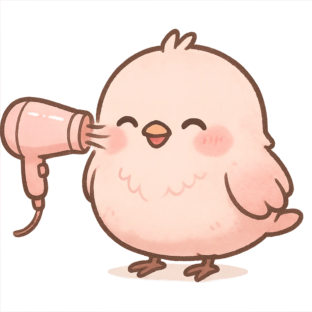 chibi style cute hair dryer soft fluffy bird blowing gentle air with a happy face, soft pink, full-body emoji