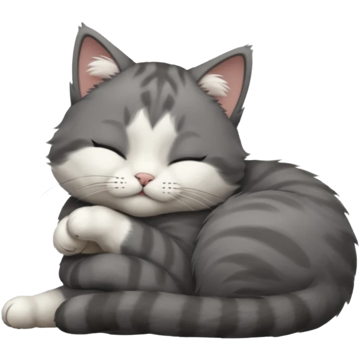 dark grey and white small cat with closed eyes, leaning his head on his paw while leaning on his elbow lying down emoji