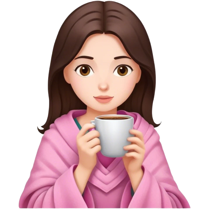 Brunette girl in pink blanket drinking coffee emoji