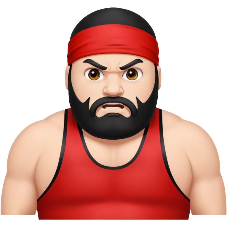 White skin fat guy with prominent black durag, black beard, black eyes in a red and black wrestling singlet with angry face emoji
