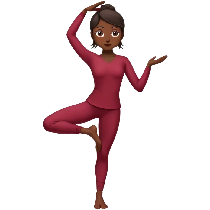 A serene woman practicing the Tree Pose (Vrksasana), embodying stability with wine red clothes and dark hair emoji
