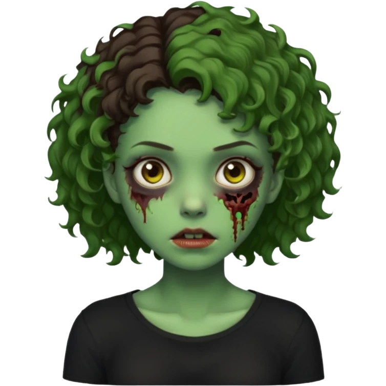 Zombie girl emoji verde com cabelo curto cacheado castanho no ombro com uma blusa preta emoji