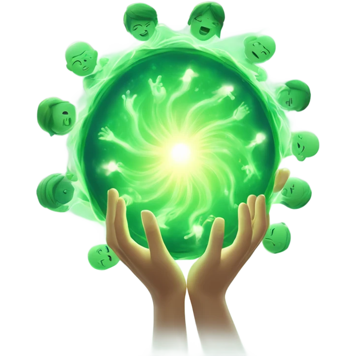 A soft, glowing wave of green energy emanating from the hands of a figure, flowing outward and gently lifting the spirits of surrounding characters with healing light. emoji