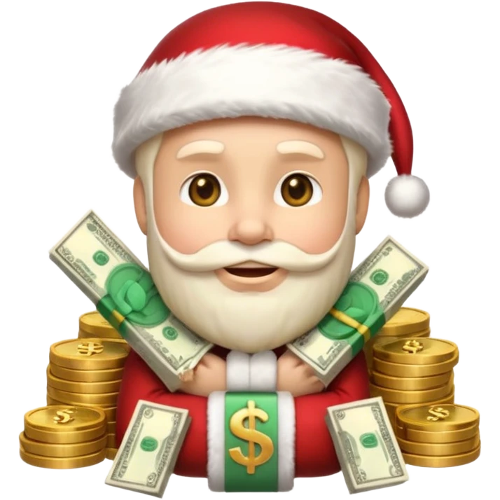 A confident rich emoji face wearing a Santa hat, money stacks, casino vibe, New Year theme, premium 3D emoji style, sharp details, no text, isolated on transparent background emoji