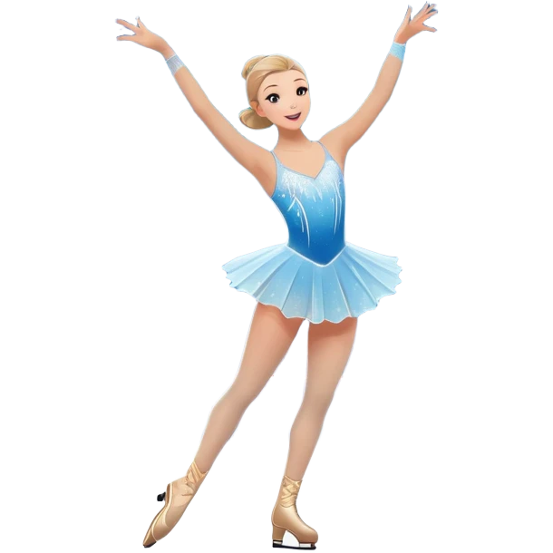 An icon featuring a graceful figure skater performing a spin on a sparkling ice rink. The scene includes a shimmering rink, colorful spotlights, snowflakes gently falling from the sky, and an audience in the stands, with a snowy landscape visible through large windows. Transparent background. emoji
