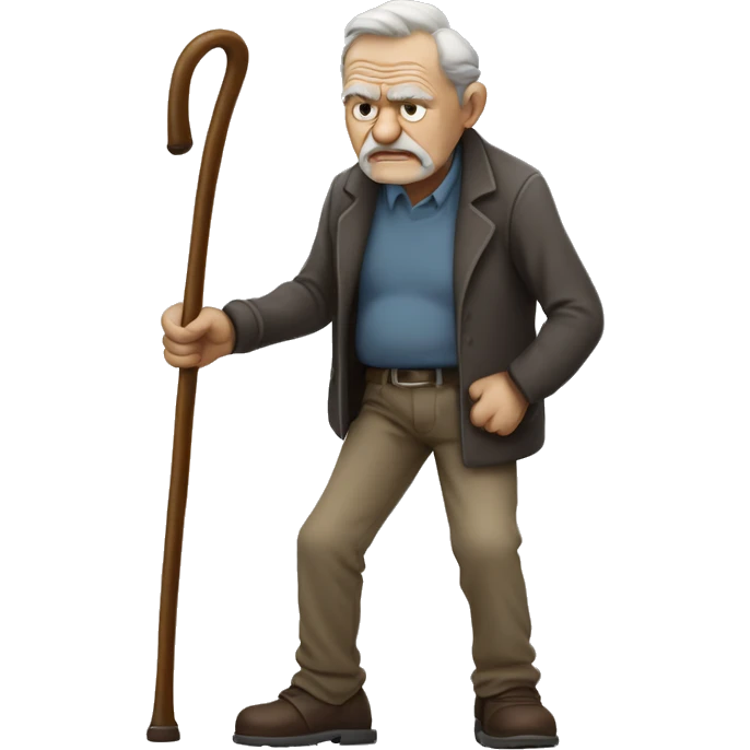 Old man leaning on a walking cane and holding his crancky back with his hand, grumpy face, detailed emoji