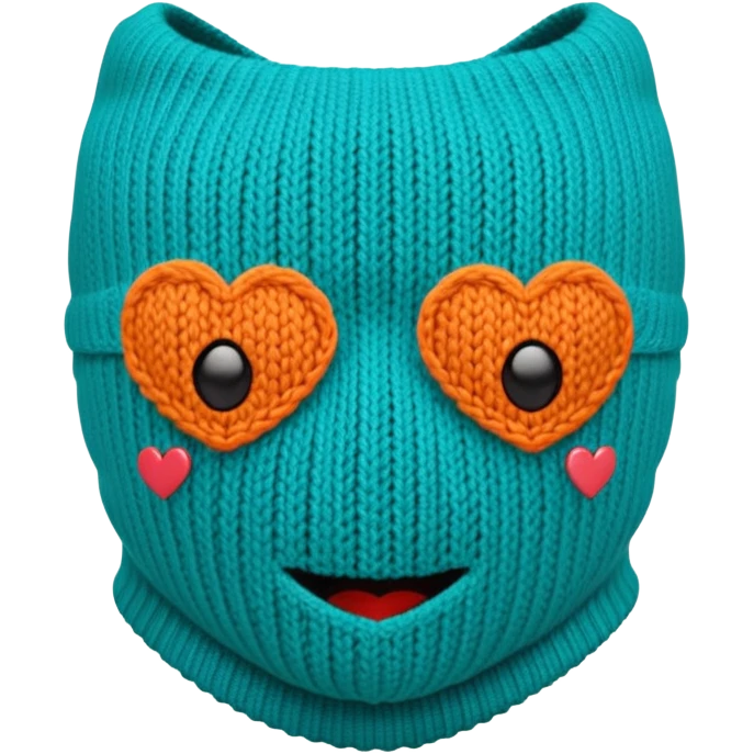 teal and orange ski mask with heart eyes emoji