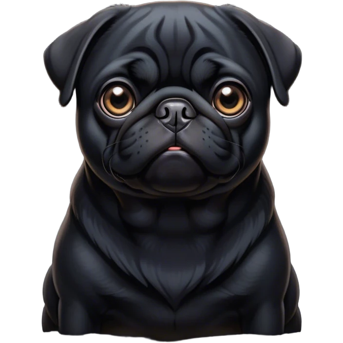 Cinematic Noble Black Pug Portrait Emoji, Poised and regal, with a compact, sturdy build and a sleek, shiny pure black coat, deep-set soulful dark eyes, Simplified yet sharp and sophisticated features, highly detailed, glowing with a soft, dignified glow, high shine, intelligent and spirited, stylized with an air of confidence, focused and attentive, soft glowing outline, capturing the essence of a watchful and commanding companion, so majestic it feels as though it could prance out of the screen with effortless authority! emoji