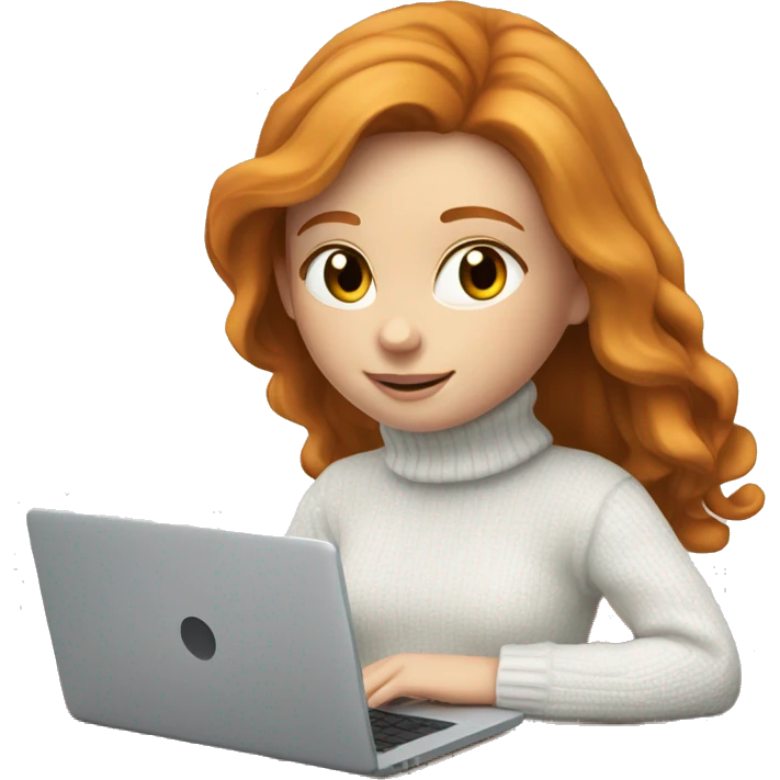 ginger girl with long hair and blue eyes in turtle neck white sweater working on a laptop emoji
