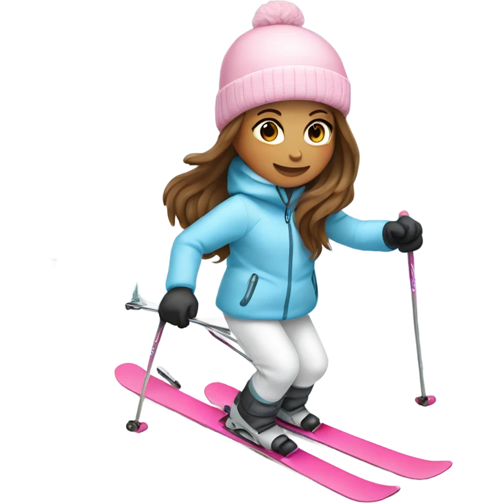 Girl with long brown hair skiing on pink skis. Wearing a light blue coat. And a pair of white snow pants.  emoji