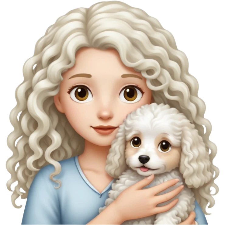 Long-haired girl holding a white curly haired dog emoji
