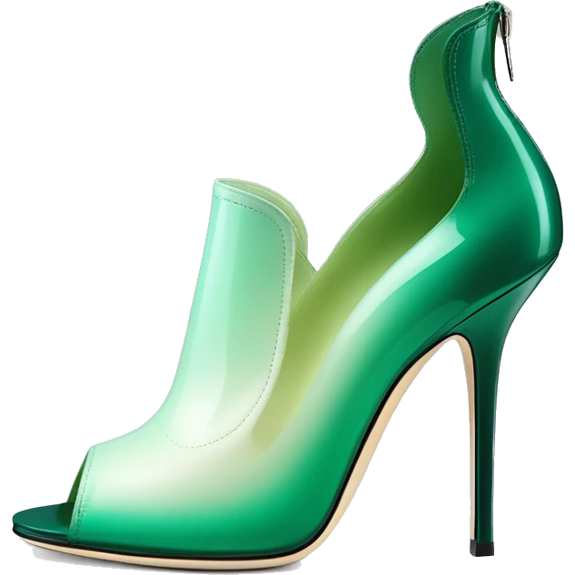Realistic isolated top front view of a pair of emerald green to mint green ombre Jimmy Choo peep toe stiletto ankle booties. emoji