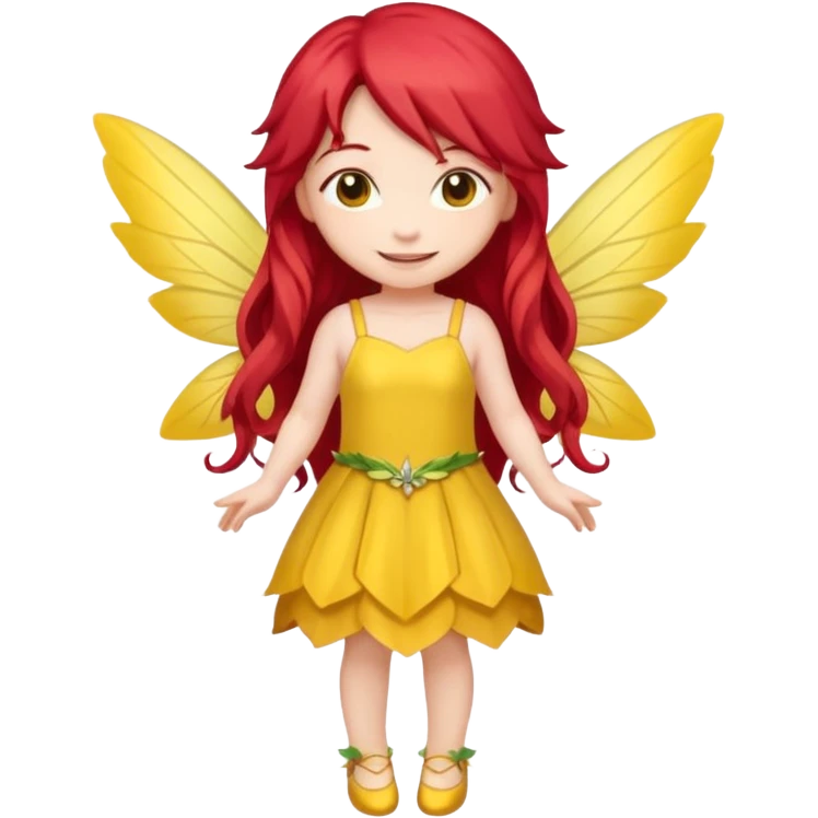 fairy with long red hair, yellow wings, yellow dress, happy, chibi full body emoji