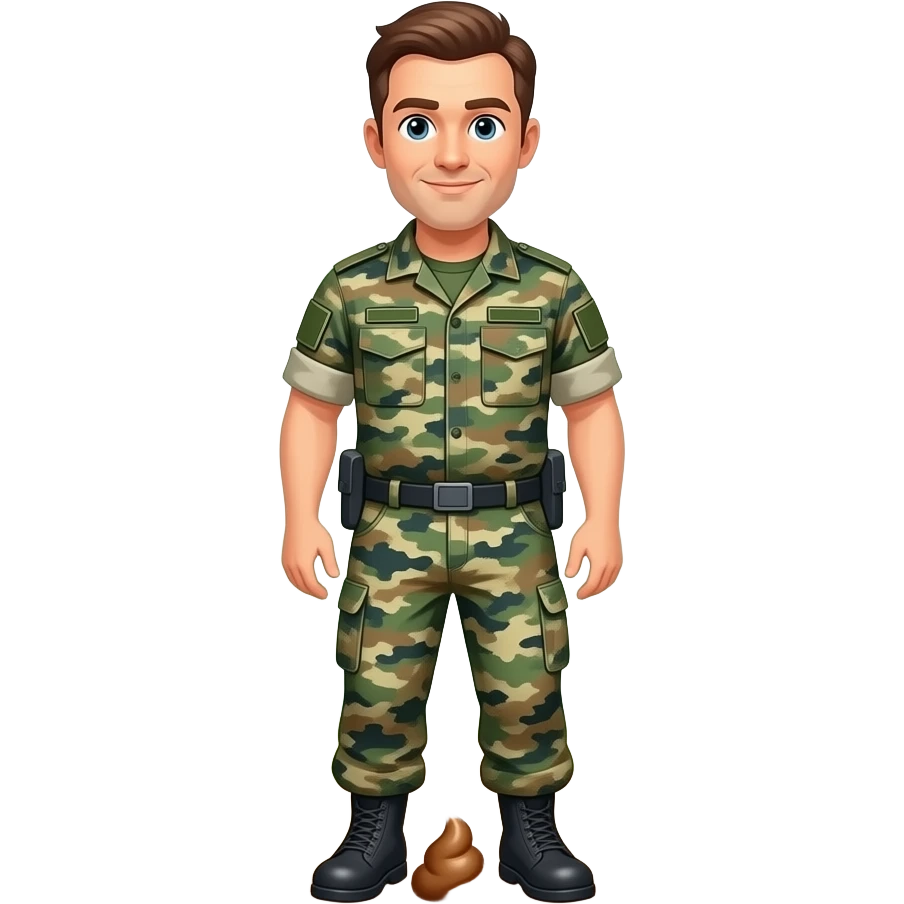 A man in marine camo pooping in the woods with his trousers down to his ankles emoji