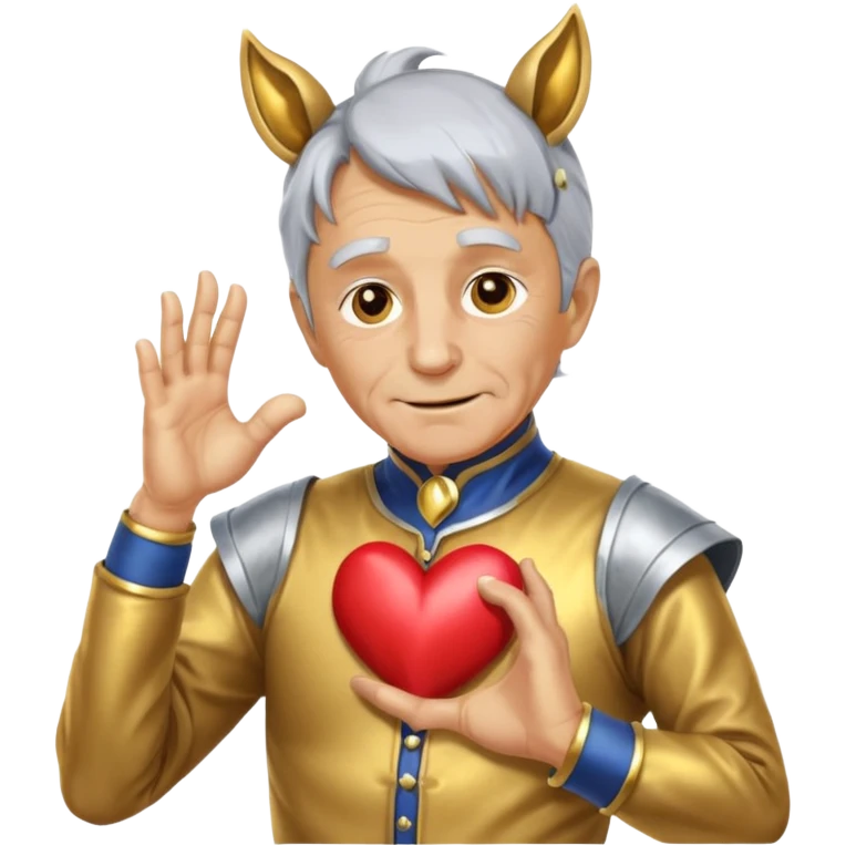 An elderly man with golden skin, his body shining like polished metal, wearing a horse cosplay costume with horse ears and a tail. He is making a heart shape with his hands and blushing slightly, showing a shy and embarrassed expression. emoji