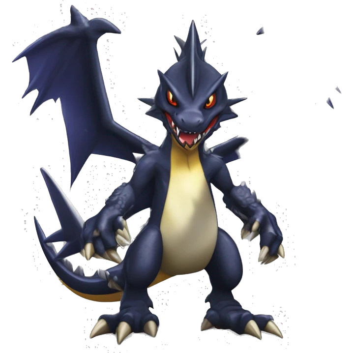 Black, Modern, Cool, Edgy, Badass Punk-style Garchomp-Nargacuga-Sergal Fakémon-Digimon with sharp edgy striking detailed stripe-markings,  full body emoji