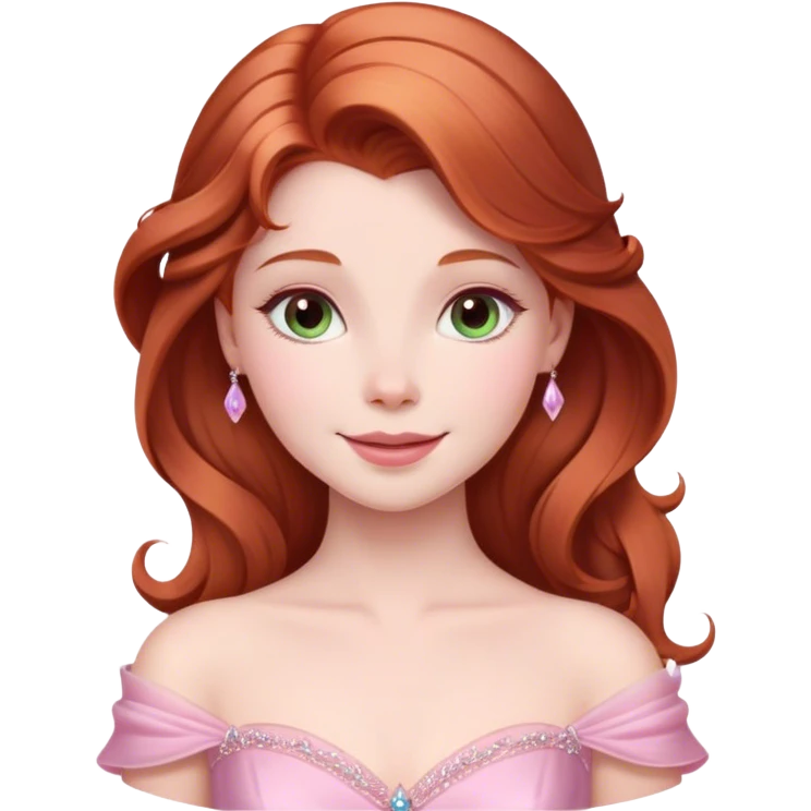 Cinematic Radiant Sleeping Beauty Portrait Emoji, rendered in a realistic, vector style with clean proportions. Show Aurora with a gentle smile, porcelain skin, and beautifully styled auburn hair, wearing her classic pink gown. The image glows with a soft, inviting radiance and high shine, accentuated by a soft glowing outline that enhances her graceful charm. emoji