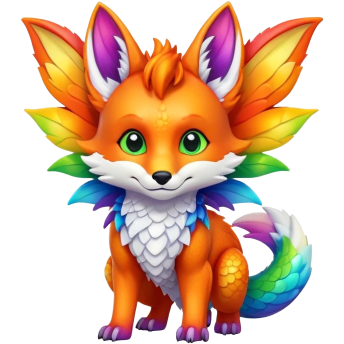 Cartoon Fox dragon hybrid with wings face front full body rainbow colored emoji