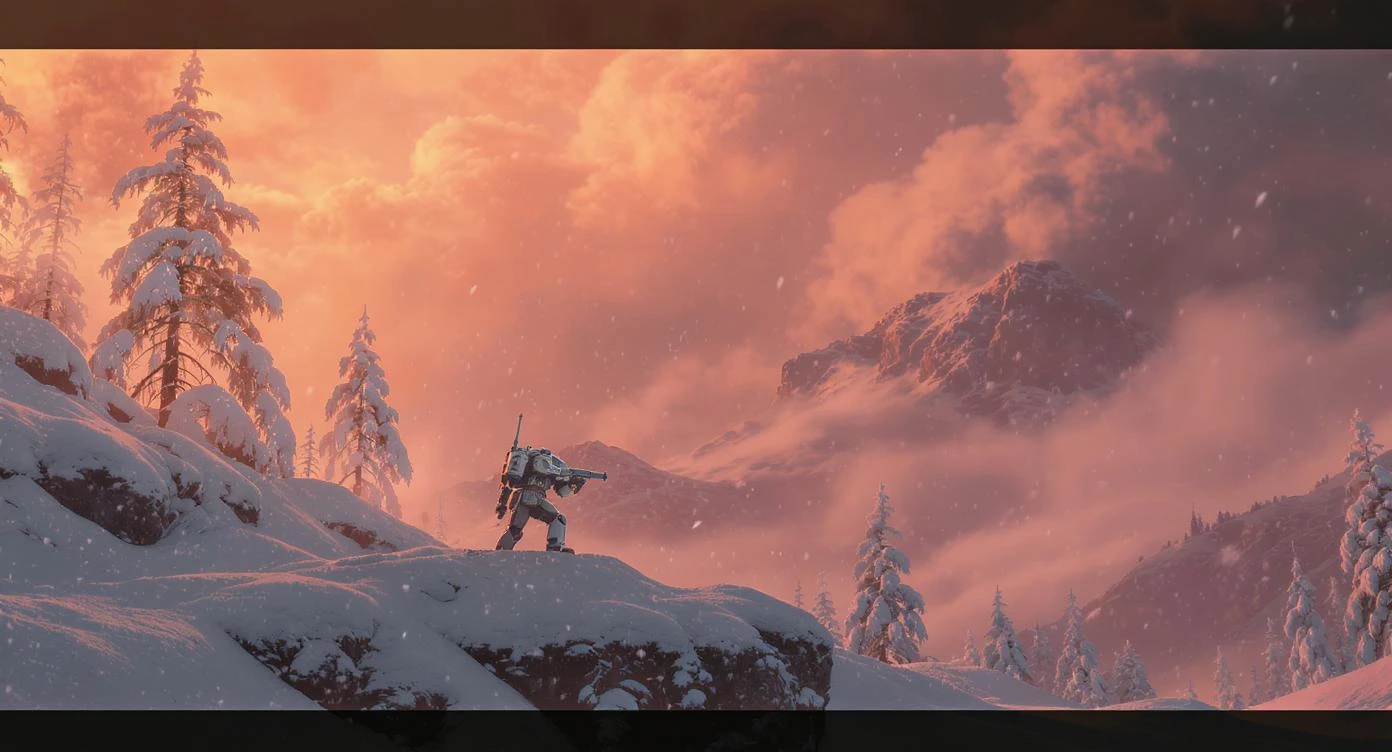 Cinematic, documentary photography, establishing shot, Warhammer 40.000 new title, in the style of snow scenes, ARRIFLEX 35 BL Camera, Canon K35 Prime Lenses, ethereal landscape, 70mm, dedication, Sunset, warm and vibrant colors, dedication emoji