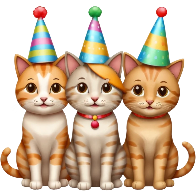  3 happy cats wearing party hats emoji