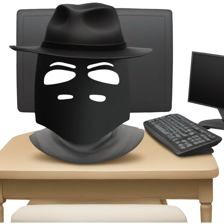 black hat hacker with anonymous mask behind a computer emoji