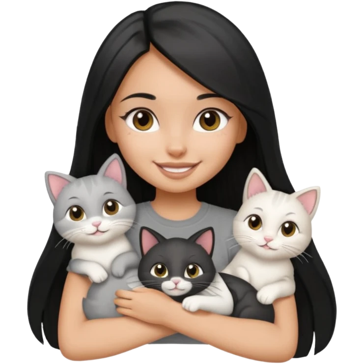 a pretty tan bratz girl with black long straight hair, wearing a grey tshirt smiling and holding 3 white cat\ emoji