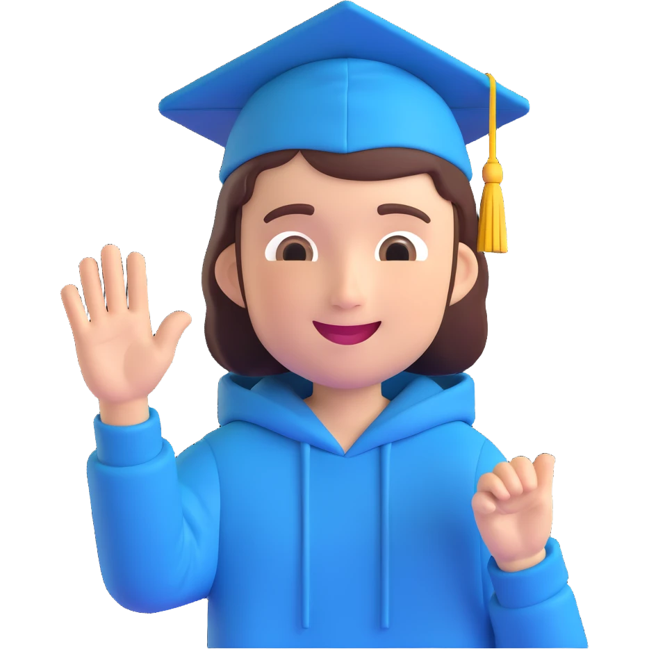 memoji of a college student, waving, wearing a hoodie, energetic and approachable, with a graduation cap emoji