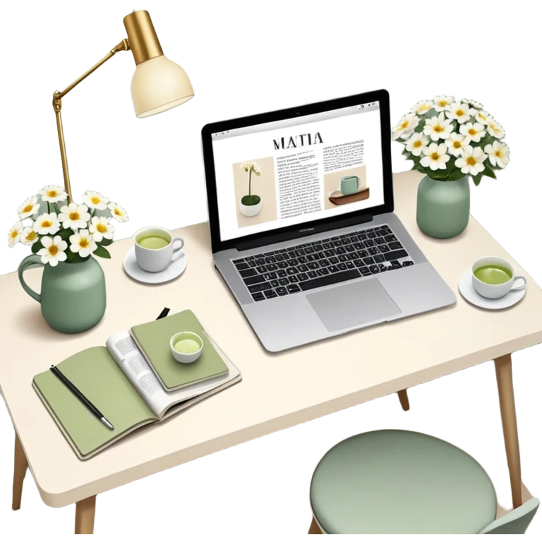 seeing a working from home desk from above with a macbook computer, fashion/interior magazines, flowers in a little vase, louis poulsen portable lamp with a dimmed cozy light and a iced matcha. very scandinavian aesthetic emoji