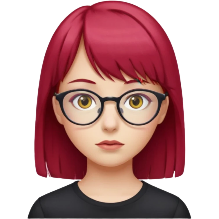 Menina com cabelos vermelho Cherry, liso com franja,olho direito rosa e olho esquerdo amarelo,pele clara e com oculos  emoji