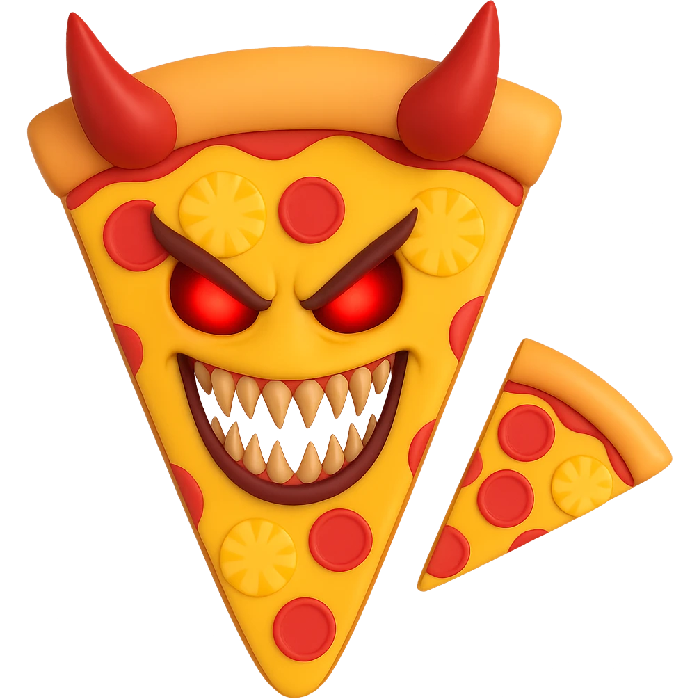 Make the pizza slice with pineapple and devil horns look more evil: sharper horns, glowing red eyes, menacing grin, and a darker, more sinister vibe, with no background. Maintain the style and details of the original images. emoji