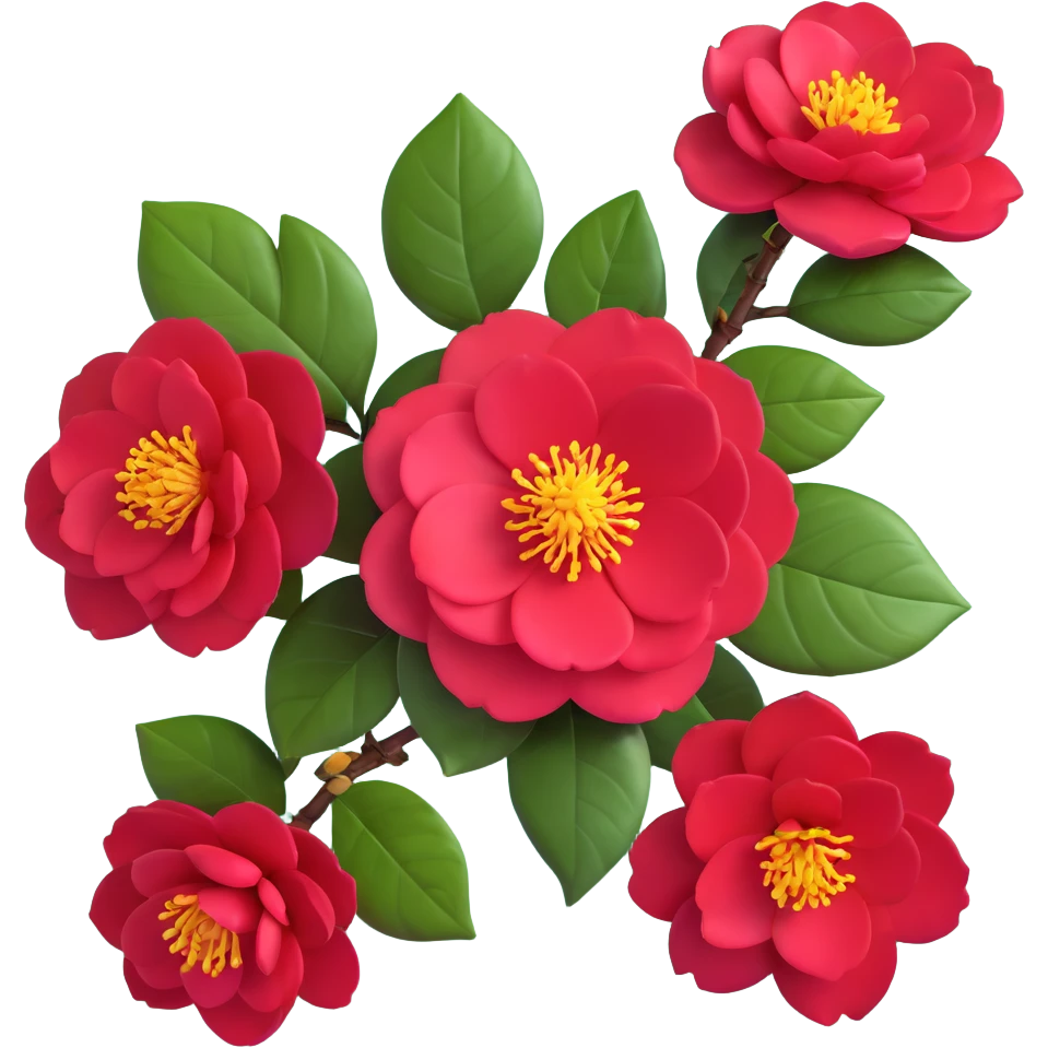 Detailed camellia japonica (tsubaki) flower with rich red formal double form petals, yellow stamens and shiny evergreen leaves emoji