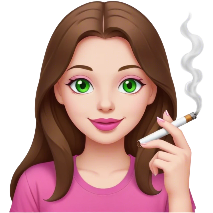 mid sized white skinned girl with green eyes and long brown hair smoking a white joint smiling in a pink t-shirt with pink lips emoji