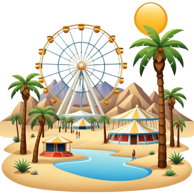 Coachella music festival with palm trees, ferris wheel, and concert stage in the desert emoji