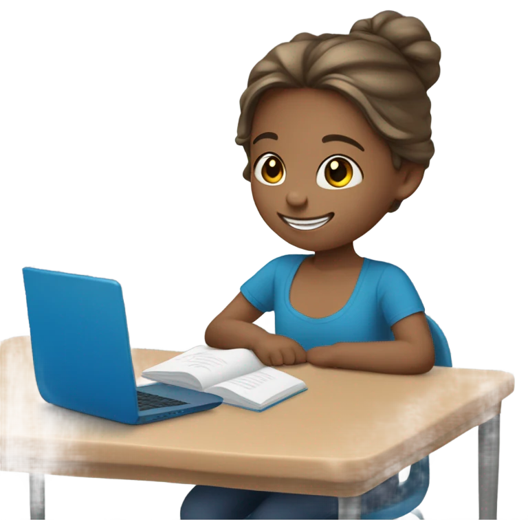 One Little Girl, white skin, bronze hair, smile, tutor, bright blue t shirt, icon  emoji