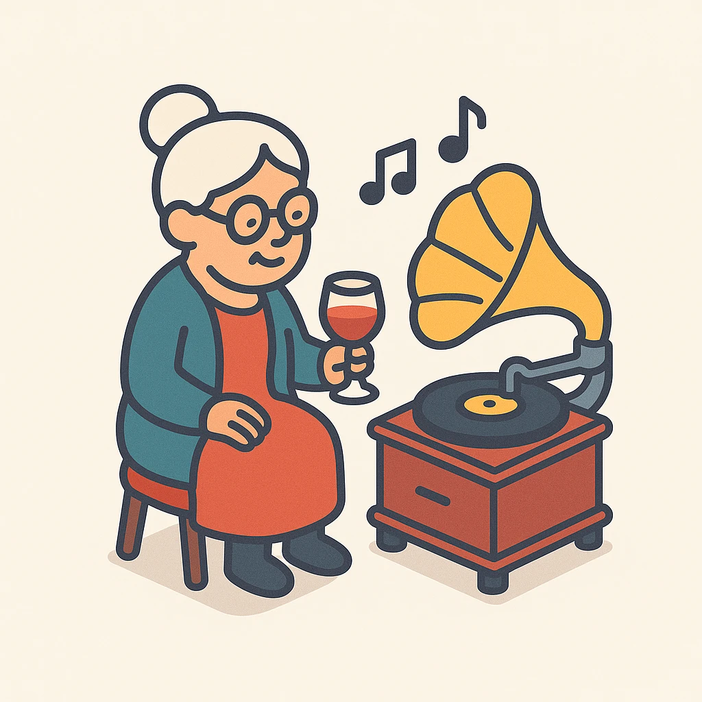 old lady with wineglass listening to gramophone emoji