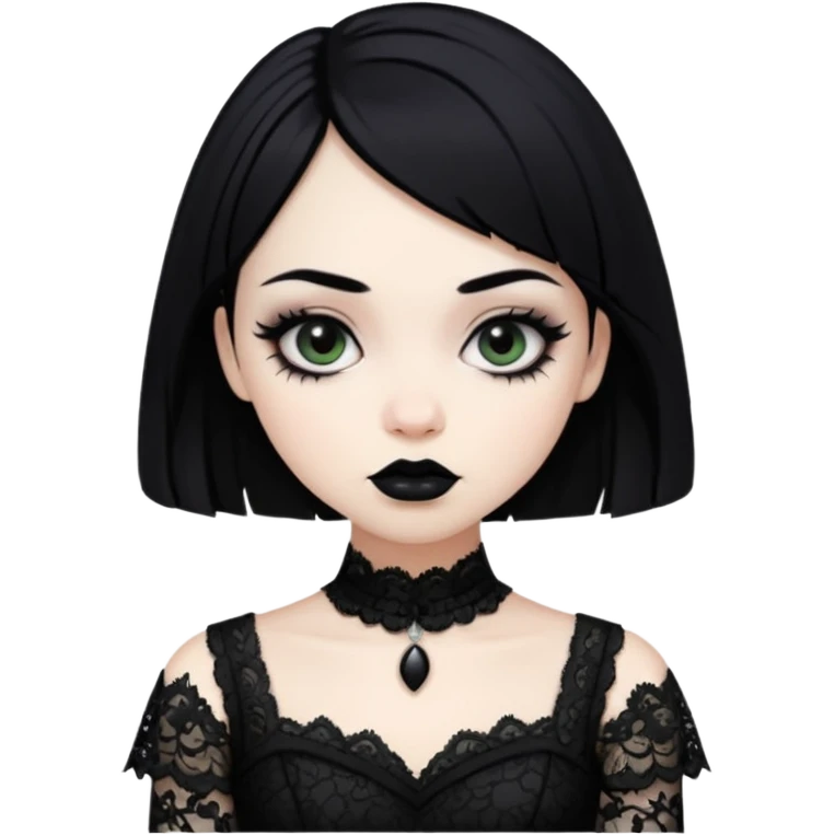 gothic girl pale skin with black lipstick and black hair and eyeliner wearing a black dress lace  emoji
