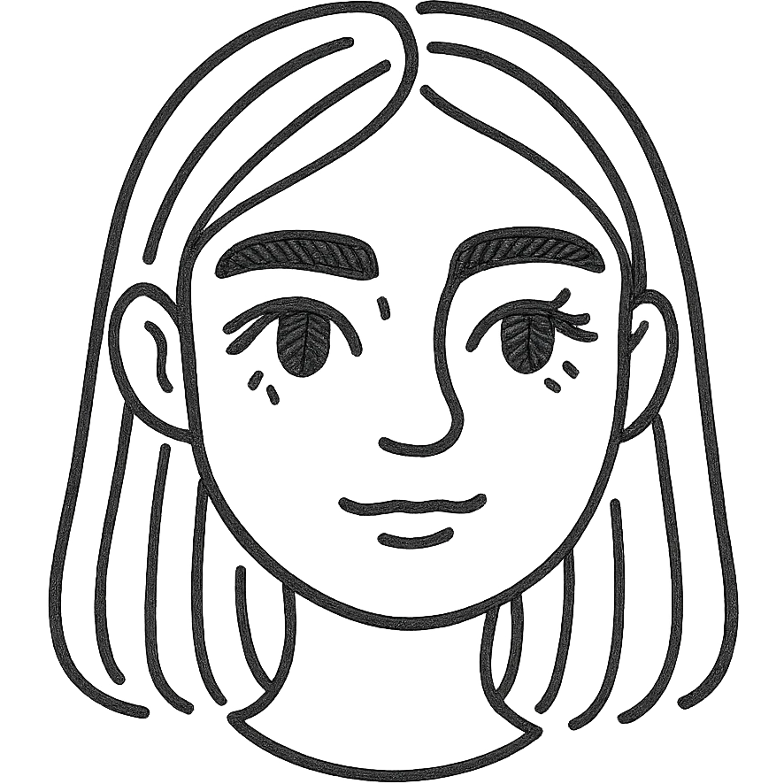 pretty girl with thick eyebrows, straight brown hair and brown eyes, curled eyelashes, hand drawn outlined icon emoji