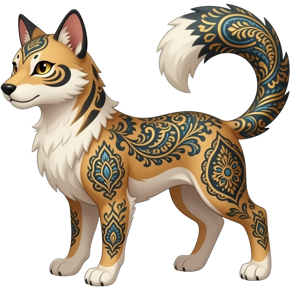Damask-paisley-patterned Short-legged quadrupedal elegant oriental feral painted Absol-Glaceon-Sylveon-animal-Fakémon-fusion-hybrid-creature emoji