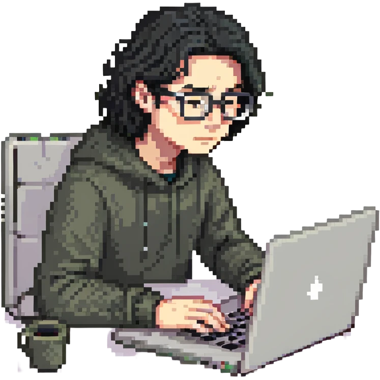 Guy with 3 inch long black hair and glasses on his laptop emoji
