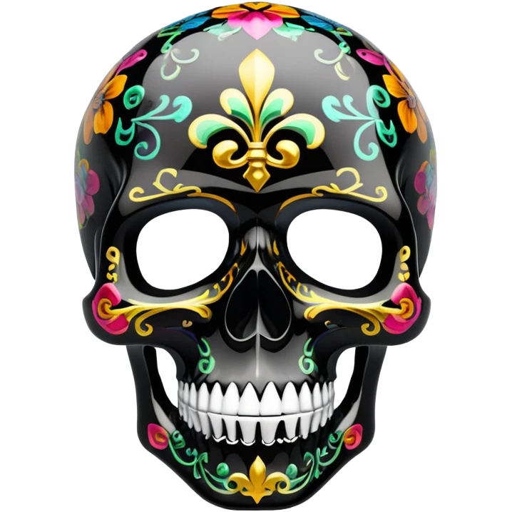 high-end glossy black skull with intricate luxury brand pattern, prismatic color accents inside skull only, professional street art quality, side view emoji
