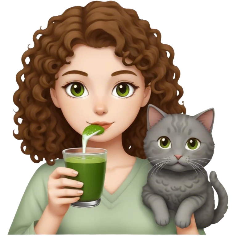 A girl with white skin and medium brown curly hair drinks matcha and carries a gray cat emoji