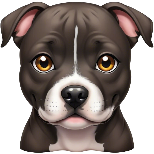 Cinematic Cute Black/Brindle Staffordshire Bull Terrier Portrait Emoji, Head tilted playfully and inquisitively, featuring a glossy Fur with a dynamic mix of black and brindle, round, sparkling dark eyes filled with curiosity, Simplified yet irresistibly adorable features, highly detailed, glowing with a warm, friendly glow, high shine, affectionate and spirited, stylized with a touch of whimsy, bright and endearing, soft glowing outline, capturing the essence of a mischievous yet loving pup, so playful it feels like it could bound out of the screen and into your arms! emoji