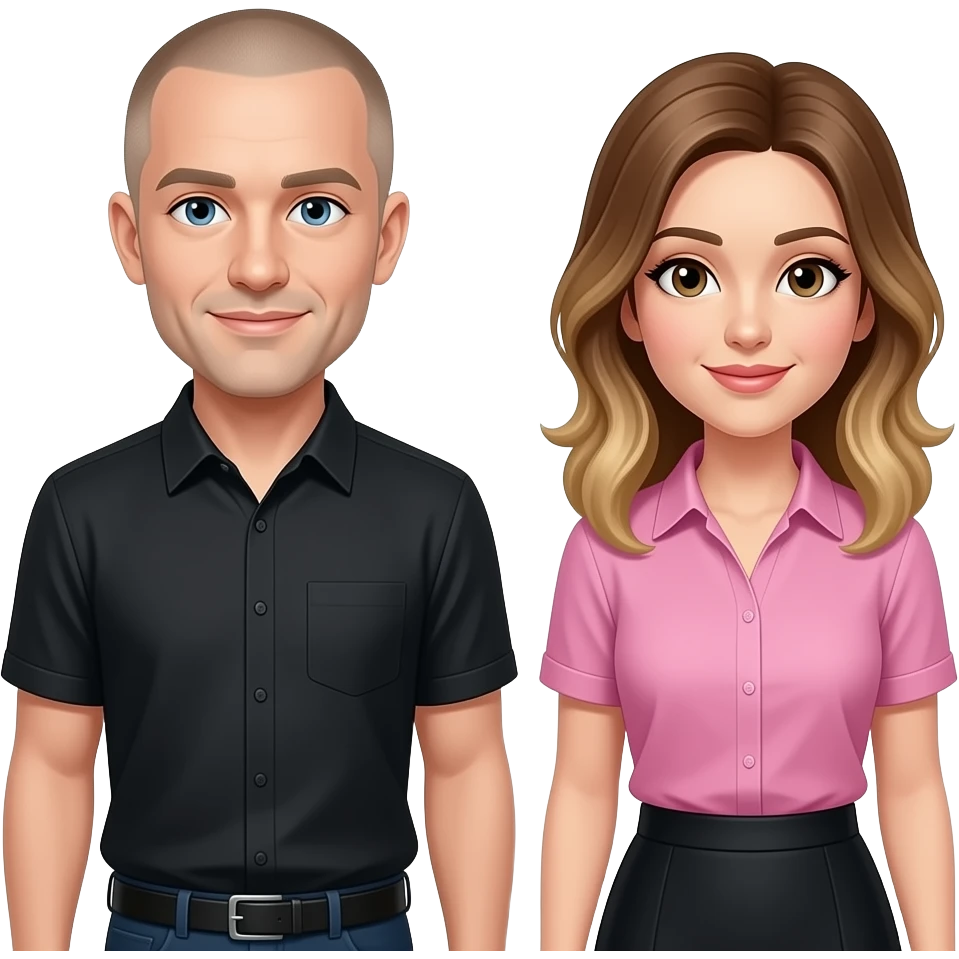 Emoji of a White man with shaved hair wearing black shirt with woman with Brown and blonde hair wearing a pink shirt and black skirt emoji