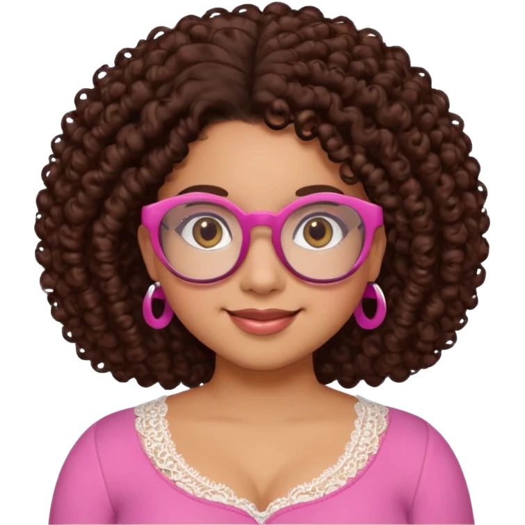 medium-light kinned afro-latina girl with medium length chocolate brown side part curly hair, brown glasses, brown eyes, pink sweetheart necklined top with lace, round wide-ish nose, chubby oblong face emoji