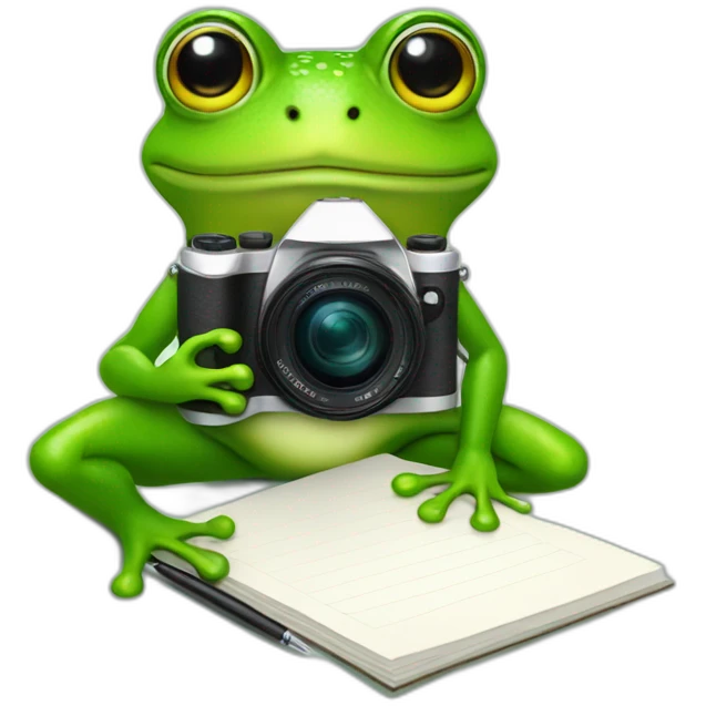 a green frog with a camera around his neck and a pen and pad for writing articles emoji