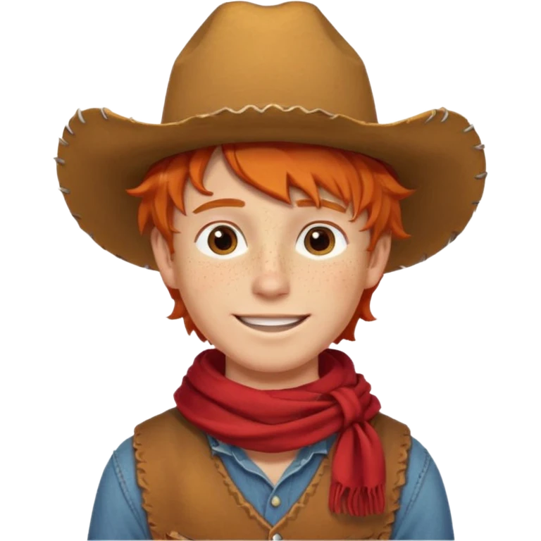 a wavy orange hair boy wearing a cowboy hat with a mischievous grin and freckles with western red scarf on his neck emoji